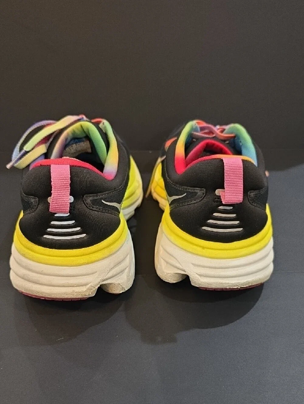 Hoka Bondi 8 Women’s Black Running Shoes with Rainbow Trim & Yellow Size 10